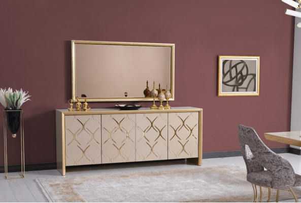 Esszimmer Garnitur Sideboard mit Spiegel Luxus Sideboard Holz beige 2tlg