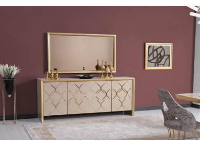 Esszimmer Garnitur Sideboard mit Spiegel Luxus Sideboard Holz beige 2tlg