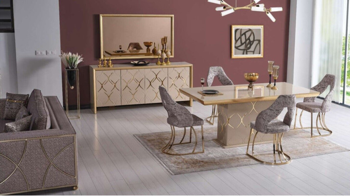 Luxus Esszimmer Set Esstisch 4x Stühle Sideboard Spiegel Essgruppe 7 tlg