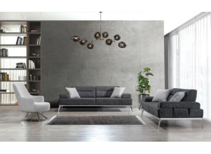 Wohnzimmer-Set 3tlg 2x 3-Sitzer Grau mit Weiß Sessel Modern Design Textil