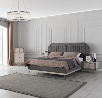 Graue Schlafzimmer Einrichtung Designer Textilbett 2x Holz Nachttische