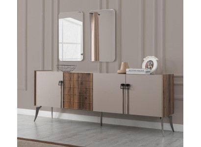 Moderne Beige Garnitur Luxus Sideboard 2x Spiegel Holzmöbel Anrichte