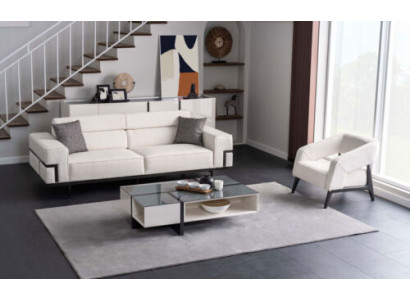 Wohnzimmer Weiße Polstergarnitur 3+1 Sitzer Designer Glas Couchtisch