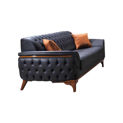 Schwarze Chesterfield Designer Garnitur Luxus Ledersofa Designer Sessel