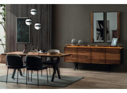 Komplette Braun-Schwarze Essgruppe Designer Holz Esstisch Polsterstühle