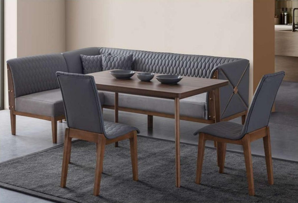 Stilvolle Graue Esszimmer Garnitur Brauner Esstisch 2x Sitzstühle Bank