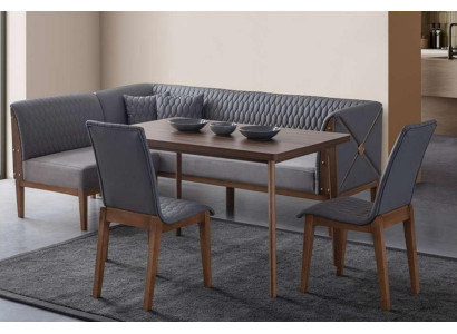 Stilvolle Graue Esszimmer Garnitur Brauner Esstisch 2x Sitzstühle Bank