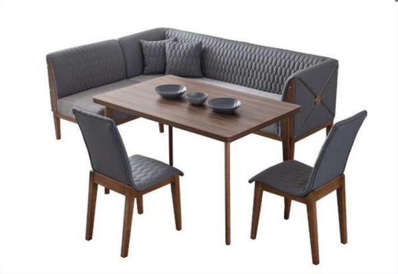 Stilvolle Graue Esszimmer Garnitur Brauner Esstisch 2x Sitzstühle Bank
