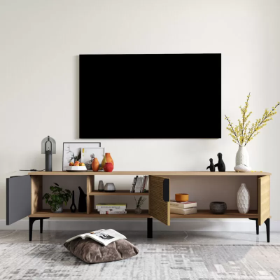 Braun-Grau RTV TV-Lowboard Schrank Modern Design Rechteckig Form Wohnzimmer