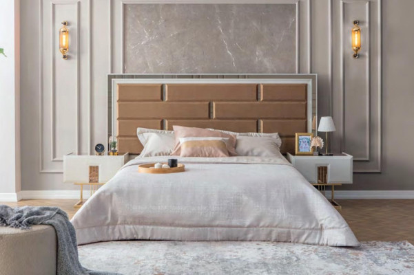 Exklusives Schlafzimmer Set Modernes Textilbett 2x Holz Nachtkonsolen