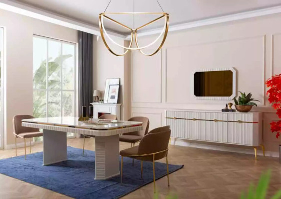 Esszimmer Esstisch 6x Stuhl beige Garnitur Set 7tlg Luxus Holz Möbel