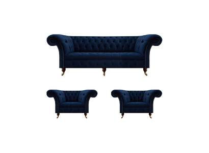 Wohnzimmer Set 3tlg Chesterfield Blau Luxus Dreisitzer Sofa 2x Sessel Neu