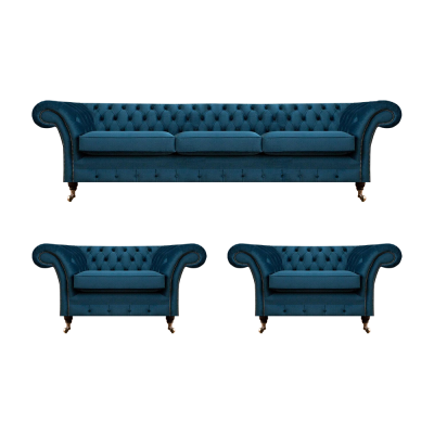Luxus Blau Wohnzimmer Set Chesterfield Einrichtung Polstermöbel Sofas Textil