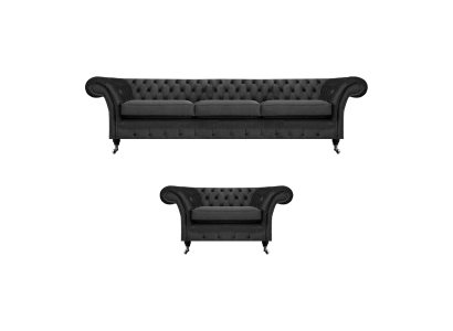 Wohnzimmer Polstermöbel Schwarz Dreisitze Sofa 3+1 Sessel Chesterfield