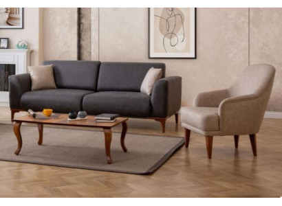 Schwarz-Beige Wohnzimmer Designer Garnitur 3-Sitzer Lehnsessel 2tlg. Set