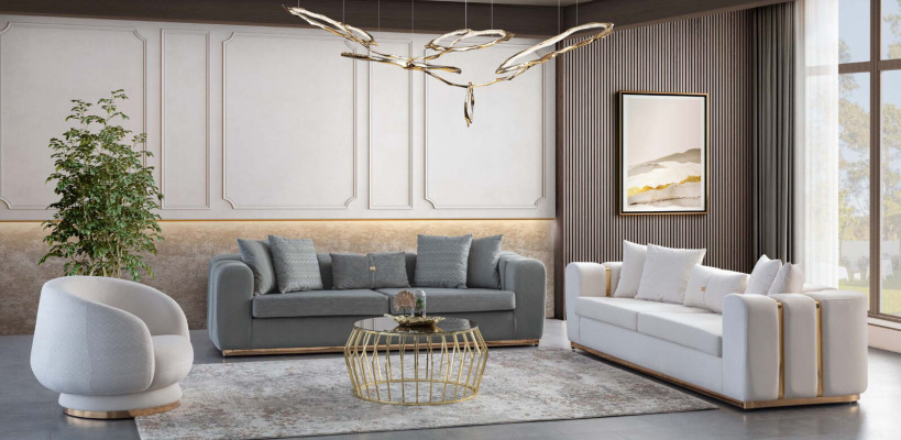 Weißes Wohnzimmer Sofa Set Polstermöbel 4-Sitzer Textil Lehnsessel 2tlg