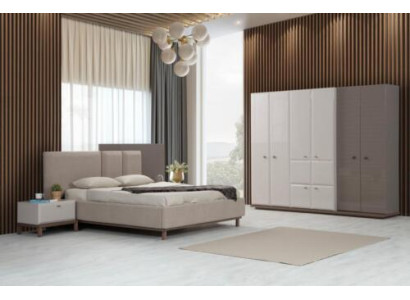 Hellbeiges Schlafzimmer Set Polsterbett Nachtkonsolen Kleiderschrank