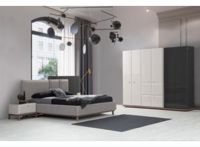 Grau-Weiße Schlafzimmer Garnitur Doppelbett Nachttische Kleiderschrank
