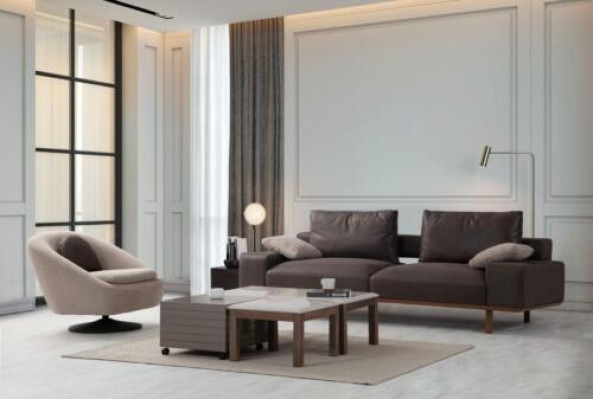 Braun-Beige Wohnzimmer Sitzgarnitur Designer 3-Sitzer Sessel Couchtisch