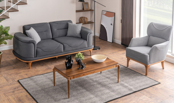 Luxuriöse Polstergarnitur in Grau: Zwei Dreisitzer-Sofas & Sessel Neu