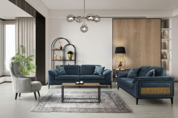 Moderne Blaue Sofagarnitur Dreisitzer Stoffcouchen Polster Sessel 3tlg