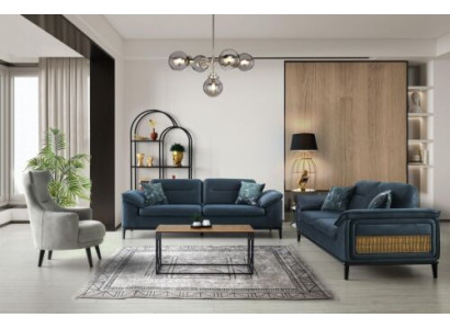 Moderne Blaue Sofagarnitur Dreisitzer Stoffcouchen Polster Sessel 3tlg