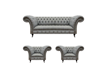 Wohnzimmer Set 3tlg Chesterfield Sofas Grau Textil Polstermöbel 2x Sessel