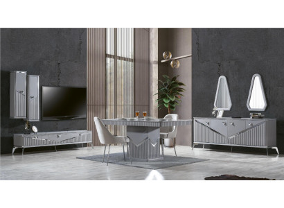 Graues moderner Esszimmer Set 4x Stuhl Spiegel Sideboard Regal 9tlg