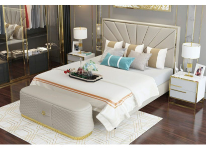 Designer Schlafzimmer Bett Leder 2tlg. Komplett Set Hocker Betten Hotel Luxus