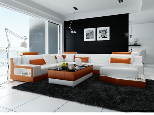 Ecksofa Sofa Wohnlandschaft U Form Polster Couch Ledersofa Weiß