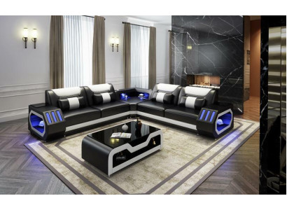 LED Beleuchtete Ecksofa Wohnzimmer Leder Couch Sitz Polster Wohnlandschaft Sofa