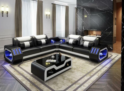LED Beleuchtete Ecksofa Wohnzimmer Leder Couch Sitz Polster Wohnlandschaft Sofa