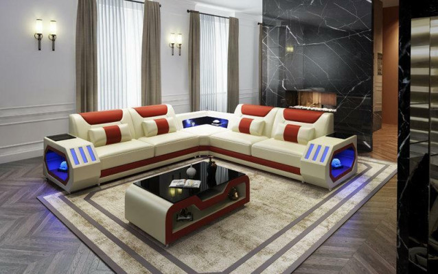 LED Beleuchtete Ecksofa Wohnzimmer Leder Couch Sitz Polster Wohnlandschaft Sofa