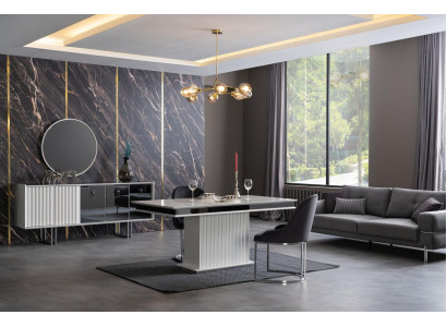 Luxus Tisch Esszimmer Set Garnitur Esstisch + 4x Lehnstuhl Kommode Spiegel 7tlg.