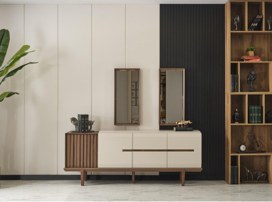 Modernes Weißes Braunes Anrichte Luxe Holzmöbel Spiegel Esszimmer 2tlg