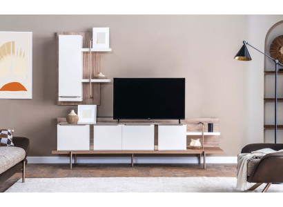 Stilvolles Weißes Hellbraunes Wohnzimmer Set RTV Regal Holz Lowboard