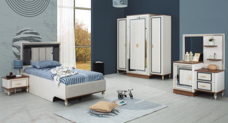 Garnitur Kinderzimmer Bett Kinderbett Kindermöbel Weiß Holz Set 5tlg
