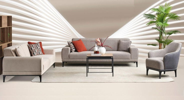 Sofagarnitur Dreisitzer Einsitzer Sessel Sofa Stoff Grau Stoffsofa Set 3+3+1