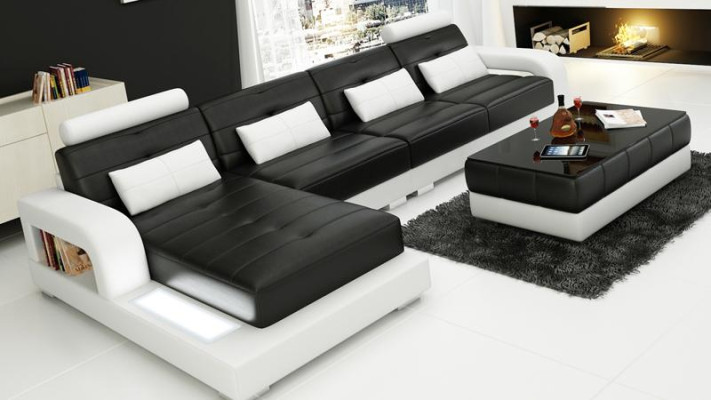Ecksofa Leder + Couchtisch Eck Sofa Couch Polster Garnitur Wohnlandschaft Ecke