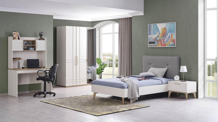 Kinderbett Bett 100 cm Jugendbett Holz Grau Kinderzimmer Stoff Modern