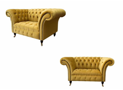 Sessel Chesterfield Möbel Set 2x Einsitzer Set Couch Sofa Gelb Textil