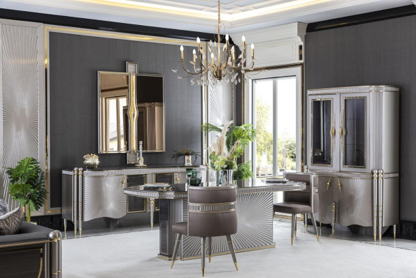 Esszimmer Set Grau Esstisch Luxus 4x Stühle Anrichte Spiegel Vitrine Luxus 8tlg.