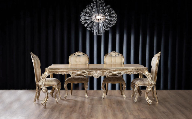 Goldene Esszimmergarnitur Designer Rechteckiger Esstisch mit x4 Chesterfield-Stühlen 5tlg. Set