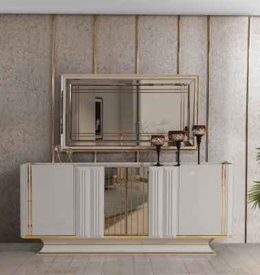Set Gruppe Tisch 6x Stühle Sideboard-mit-Spiegel Holz Esszimmer Design