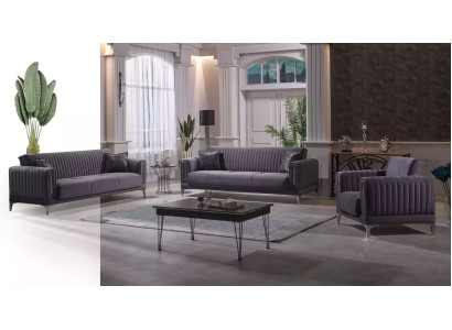 Moderne Graue Couchgarnitur 3+3+1 Sitzer Samt Sessel Wohnzimmer Möbel