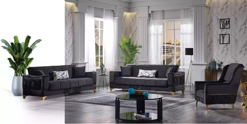 Schwarze Sofagarnitur 3+3+1 Sitzer Couchen Stoff Sitzmöbel Sessel Sofa