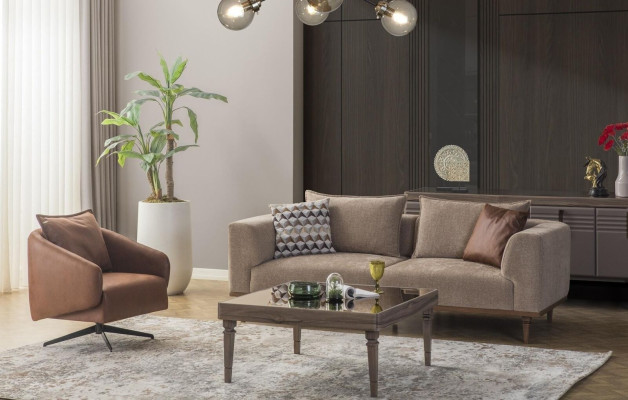 Sofagarnitur Dreisitzer Sessel Polstersofa Modern Stoffsofa Braun Set