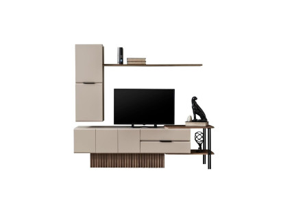 Wohnwand TV Ständer Wandschrank RTV Lowboard Beige Holz Regale