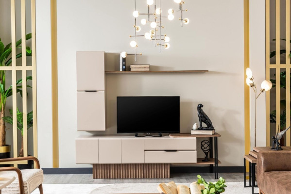 Wohnwand TV Ständer Wandschrank RTV Lowboard Beige Holz Regale