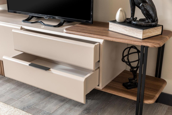 Wohnwand TV Ständer Wandschrank RTV Lowboard Beige Holz Regale